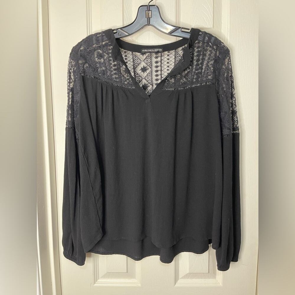 Harlowe & Graham Black Crochet Lace Witchy Lightweight Split Neck Top Medium
